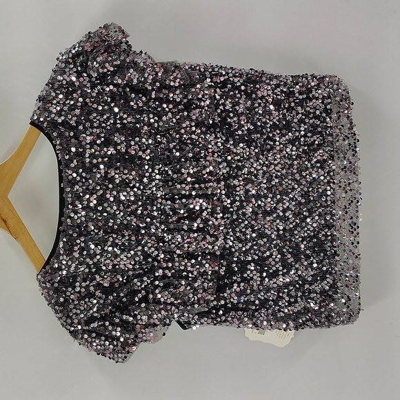 Altar'd State Pullover Blouse Size XS Gunmetal Gray Sequin Top Flutter Sleeve - Picture 10 of 10